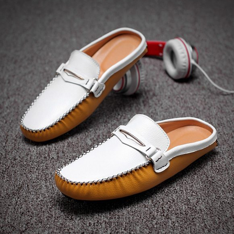 Summer Casual Luxury Half Slipper Slip-On men office shoes fashion genuine leather driving white dress shoes for men