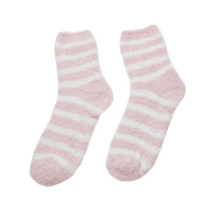 Polyester pink white stripes fashion non-slip indoor socks women fluffy socks warm winter casual slouch designer socks