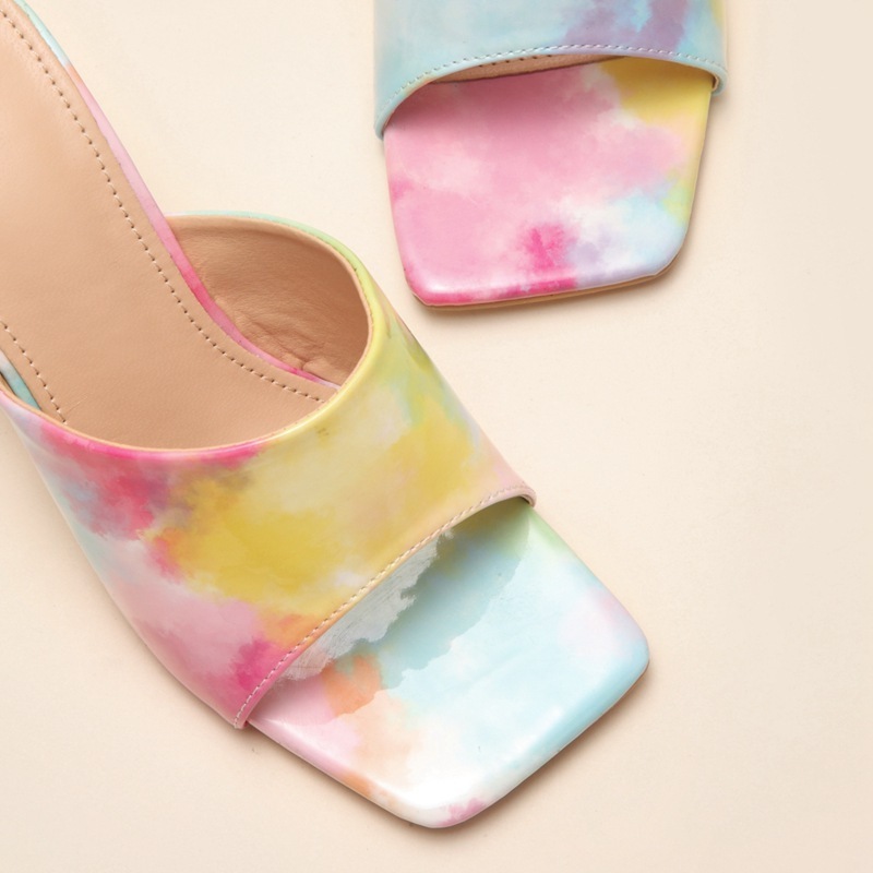 2023 Women's Square-Toe New Fashion Rainbow Tie Dye Print High Heel Party Wedding Dress Shoes For Women Custom Heels With Logo