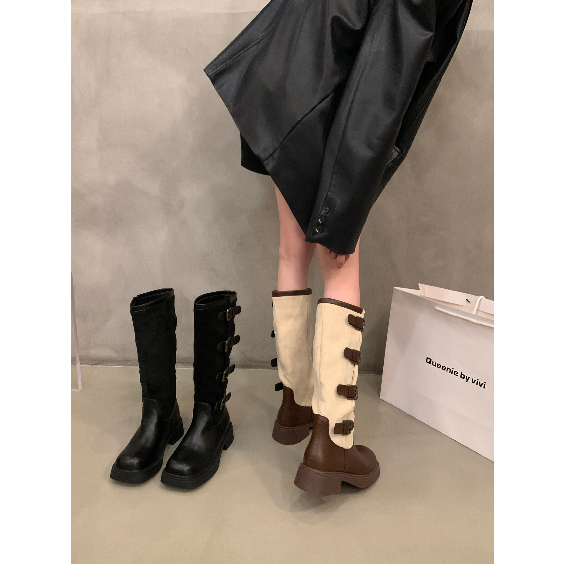 Retro suede patchwork long boots for women's new autumn thick soled small brown long tube knight boots women shoes 2023