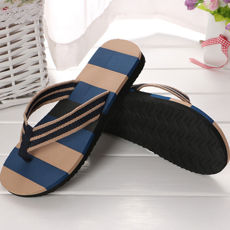 Men summer sandals indoor and outdoor non-slip slippers striped color matching beach flat flipflops slippers