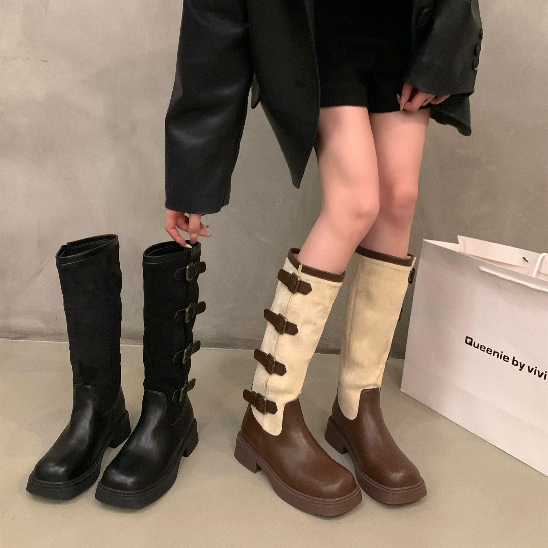 Retro suede patchwork long boots for women's new autumn thick soled small brown long tube knight boots women shoes 2023