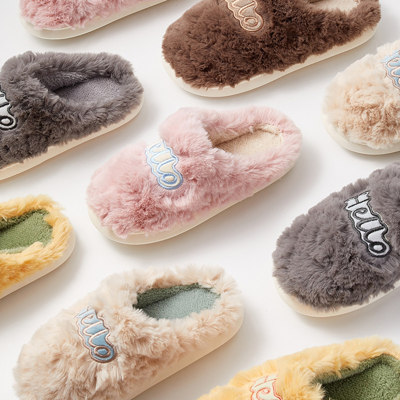 2021 autumn and winter new fashion home women good morning greeting HELLO pattern couple bedroom shoes female fur slippers