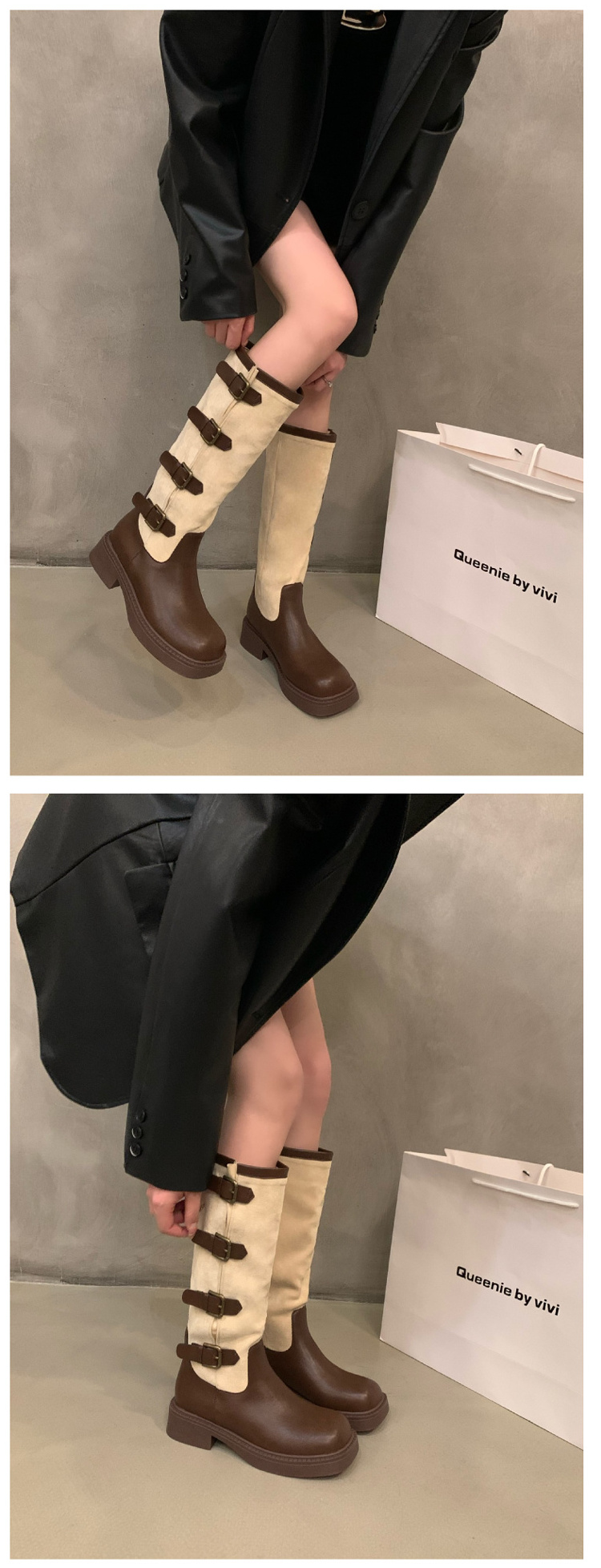 Retro suede patchwork long boots for women's new autumn thick soled small brown long tube knight boots women shoes 2023