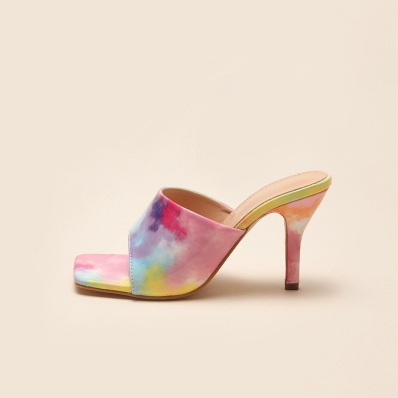 2023 Women's Square-Toe New Fashion Rainbow Tie Dye Print High Heel Party Wedding Dress Shoes For Women Custom Heels With Logo