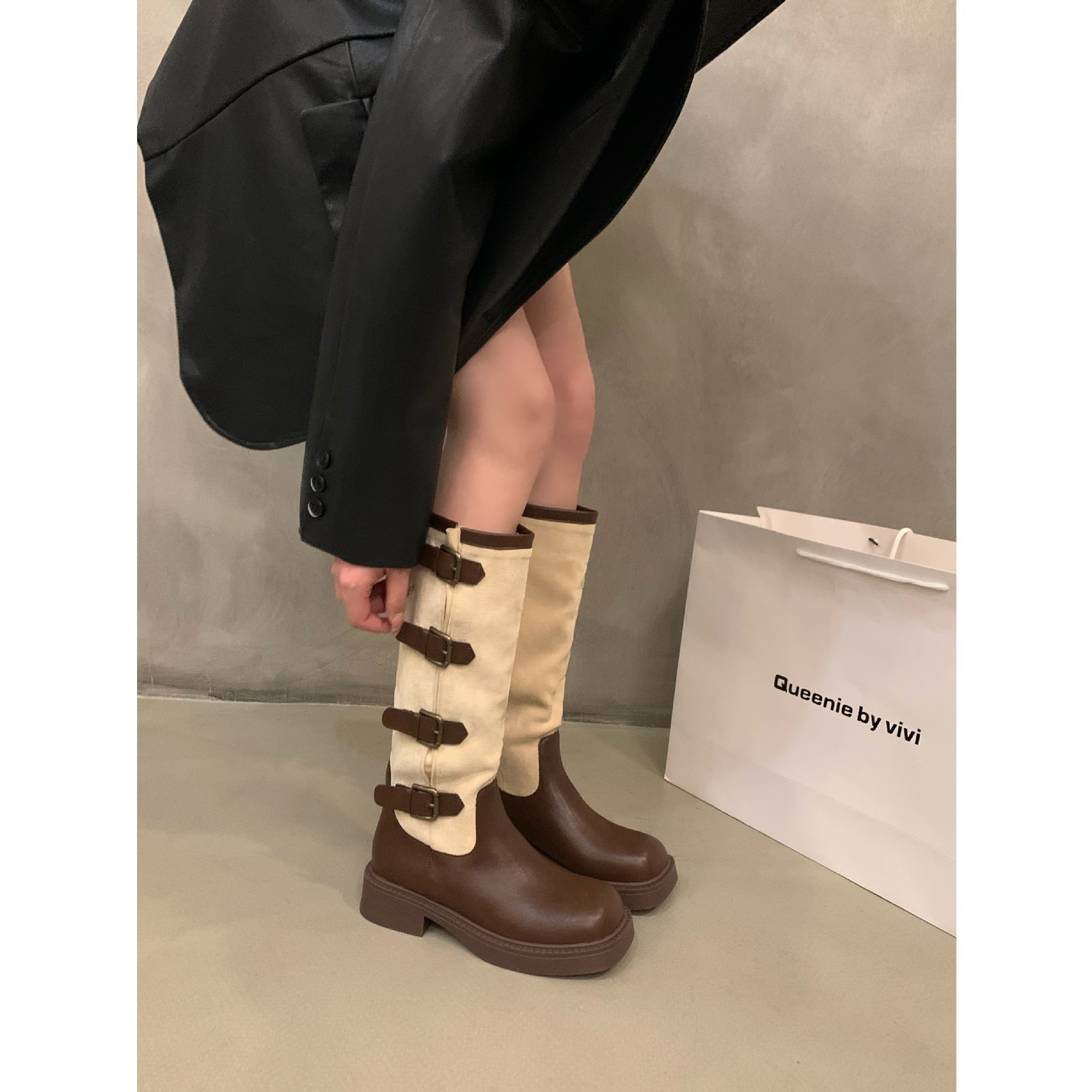 Retro suede patchwork long boots for women's new autumn thick soled small brown long tube knight boots women shoes 2023