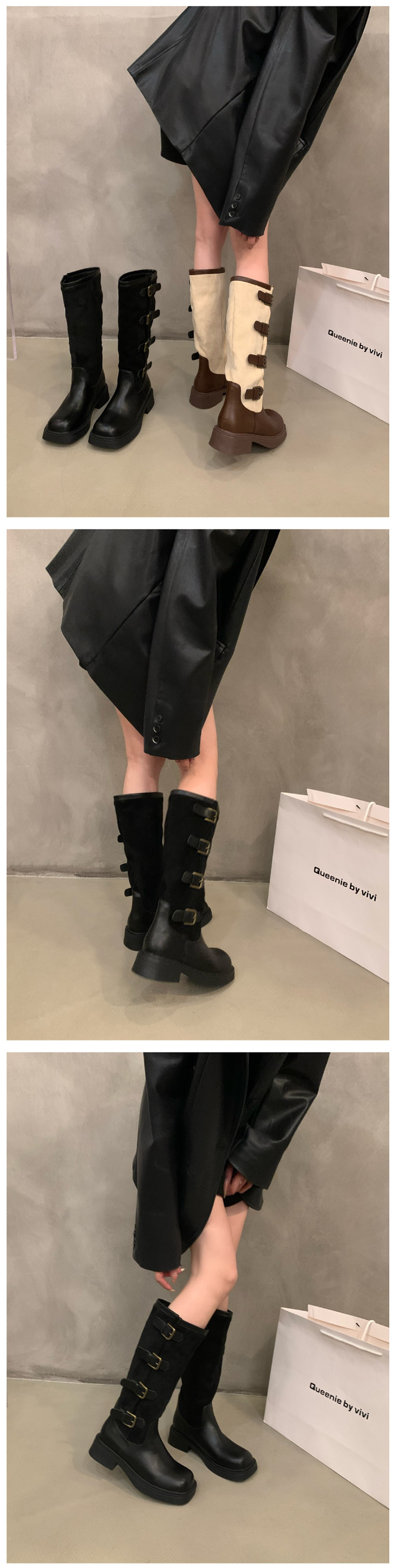 Retro suede patchwork long boots for women's new autumn thick soled small brown long tube knight boots women shoes 2023