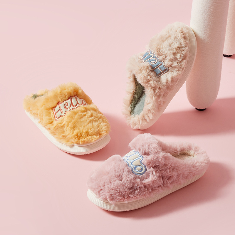 2021 autumn and winter new fashion home women good morning greeting HELLO pattern couple bedroom shoes female fur slippers