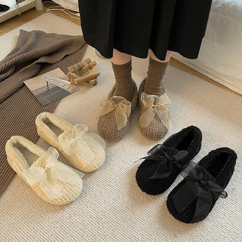 Women's Non-slip Flat Winter Fashion Ladies Mesh Bow Casual Soft Soled Warm Shoes Doll Shoes For Women Flat