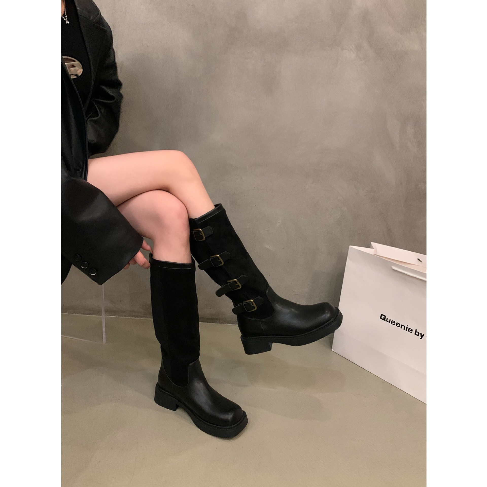 Retro suede patchwork long boots for women's new autumn thick soled small brown long tube knight boots women shoes 2023