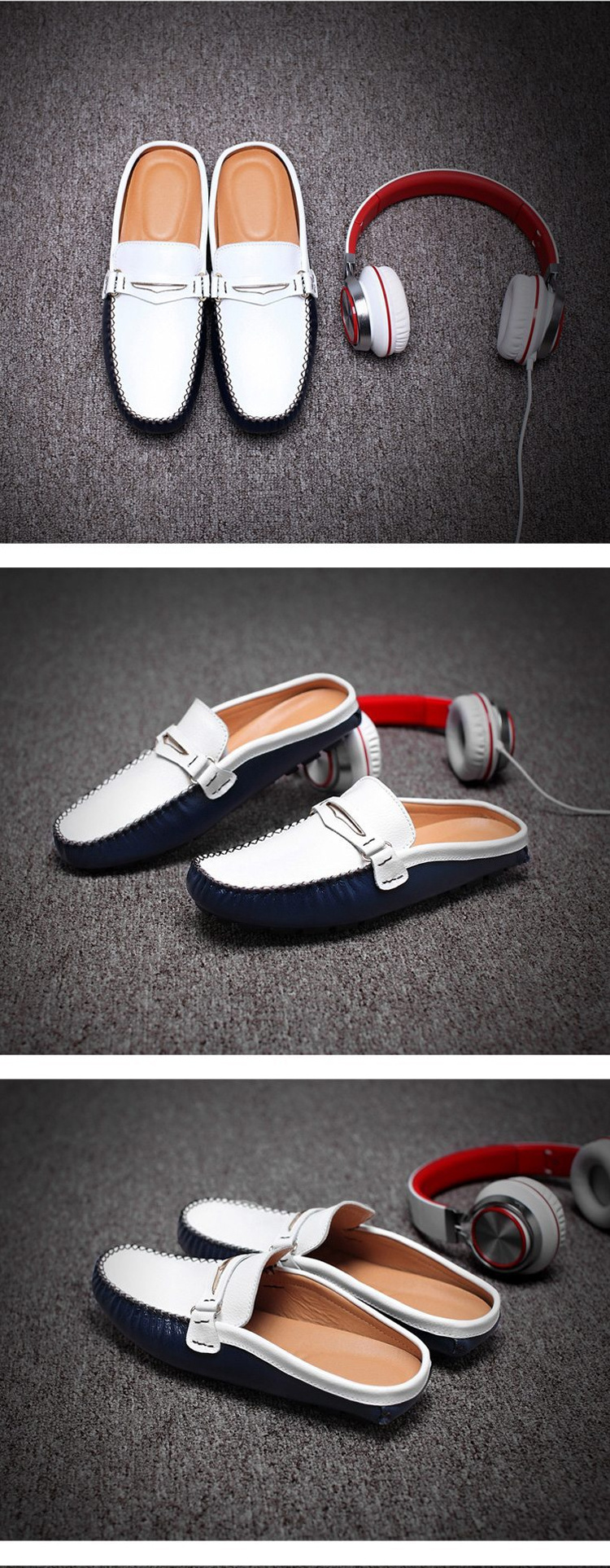 Summer Casual Luxury Half Slipper Slip-On men office shoes fashion genuine leather driving white dress shoes for men