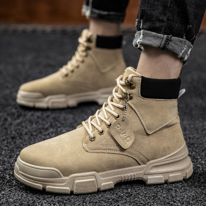 Men's shoes 2024 new four seasons can wear solid color high top lace-up Martin boots casual retro cargo shoes slip on shoes men