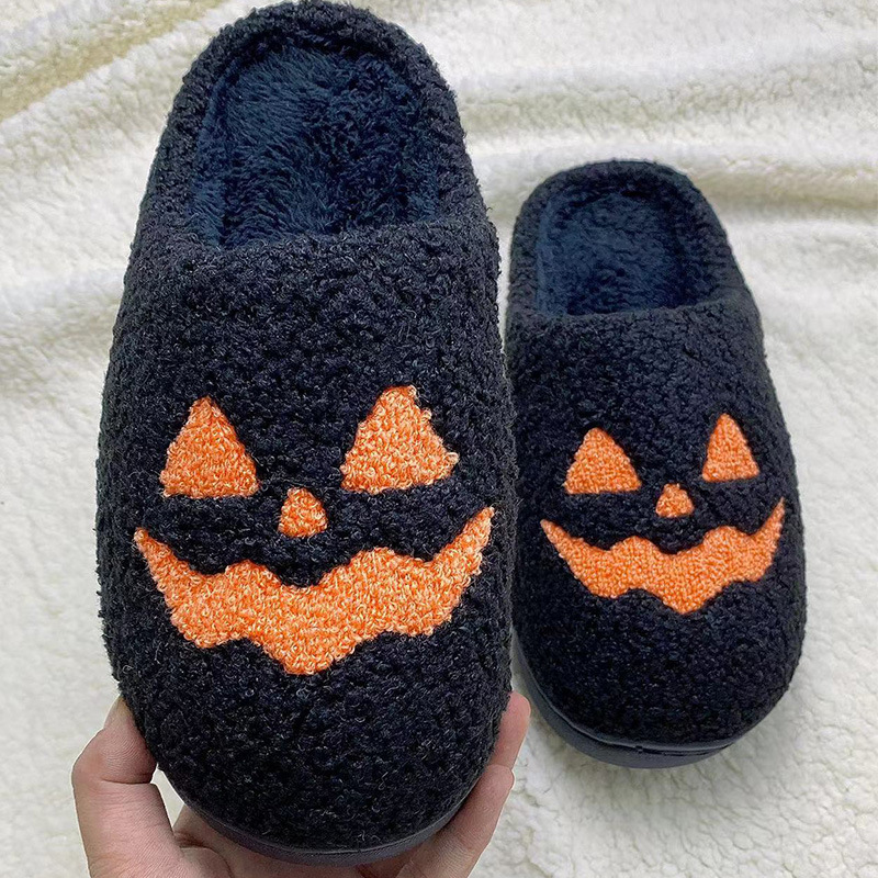 Pumpkin Autumn and Winter Couples Cotton Slippers for Men and Women Cute Thick Sole Cartoon Non-slip Indoor Casual Shoes