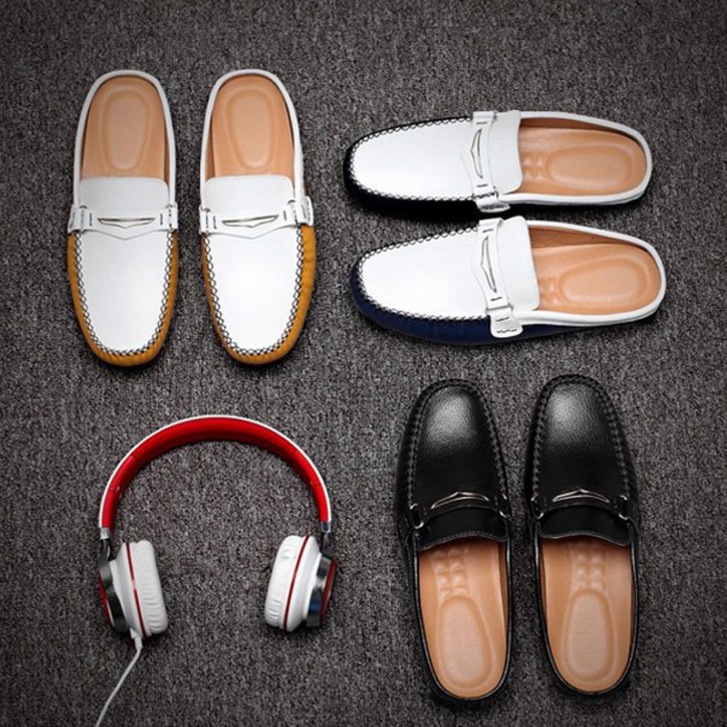 Summer Casual Luxury Half Slipper Slip-On men office shoes fashion genuine leather driving white dress shoes for men