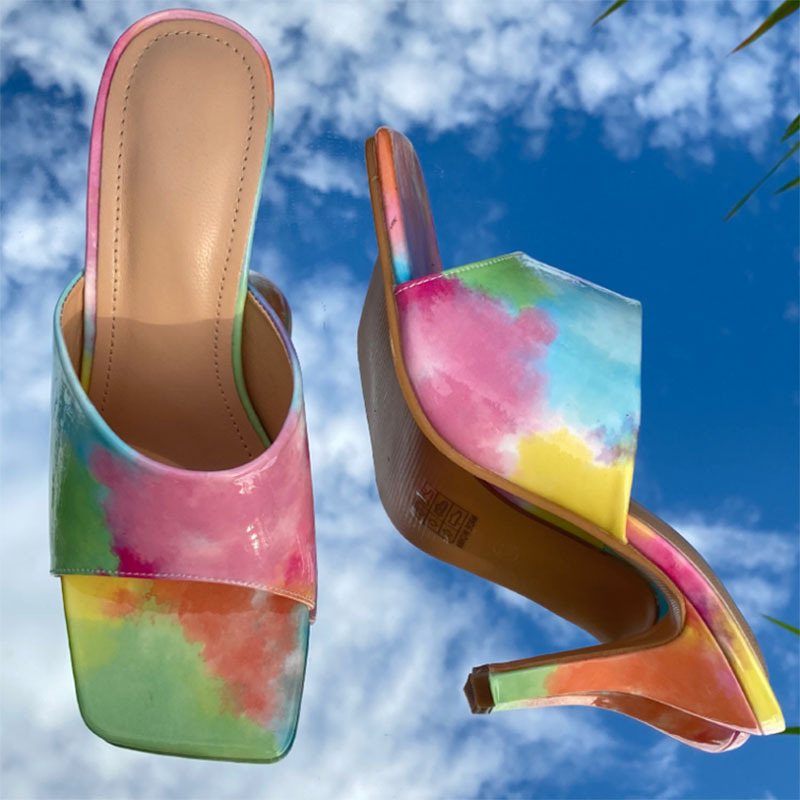 2023 Women's Square-Toe New Fashion Rainbow Tie Dye Print High Heel Party Wedding Dress Shoes For Women Custom Heels With Logo