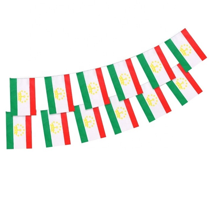 Promotional polyester material 14*21 Tajikistan string flag Tajikistan hanging flags decorated bunting flag custom