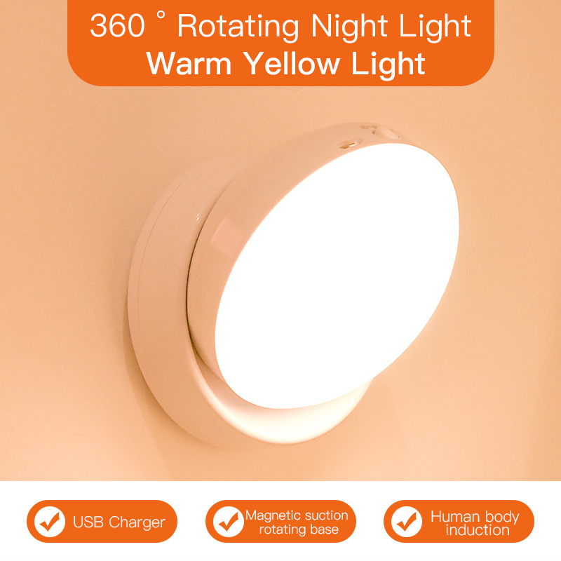 Motion Sensor 360 Rotation LED Wireless Light Bedroom Lamp USB Rechargeable Energy-Saving Body Induction PIR Cabinet Light