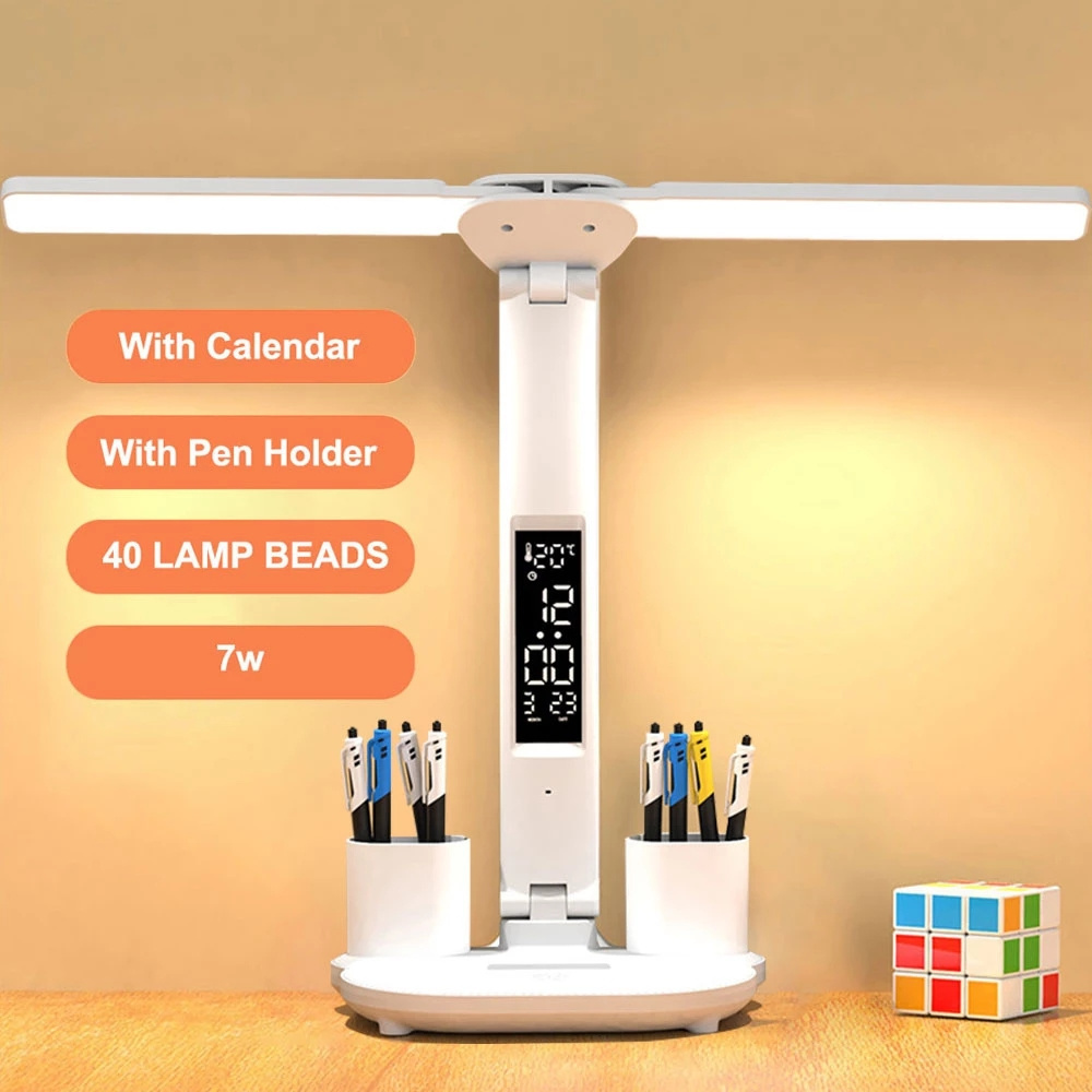 Rechargeable LED Table Lamp with Double Head Calendar Date Touch Night Lights with Pen Holder for Bedroom Study Reading Lamps