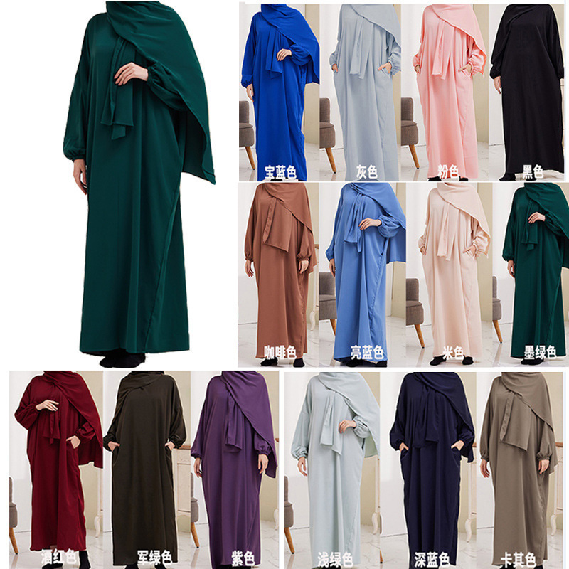 Printed Satin Chiffon Dress Long Abaya Islamic Prayer Abaya with Pocket Fashion Abaya