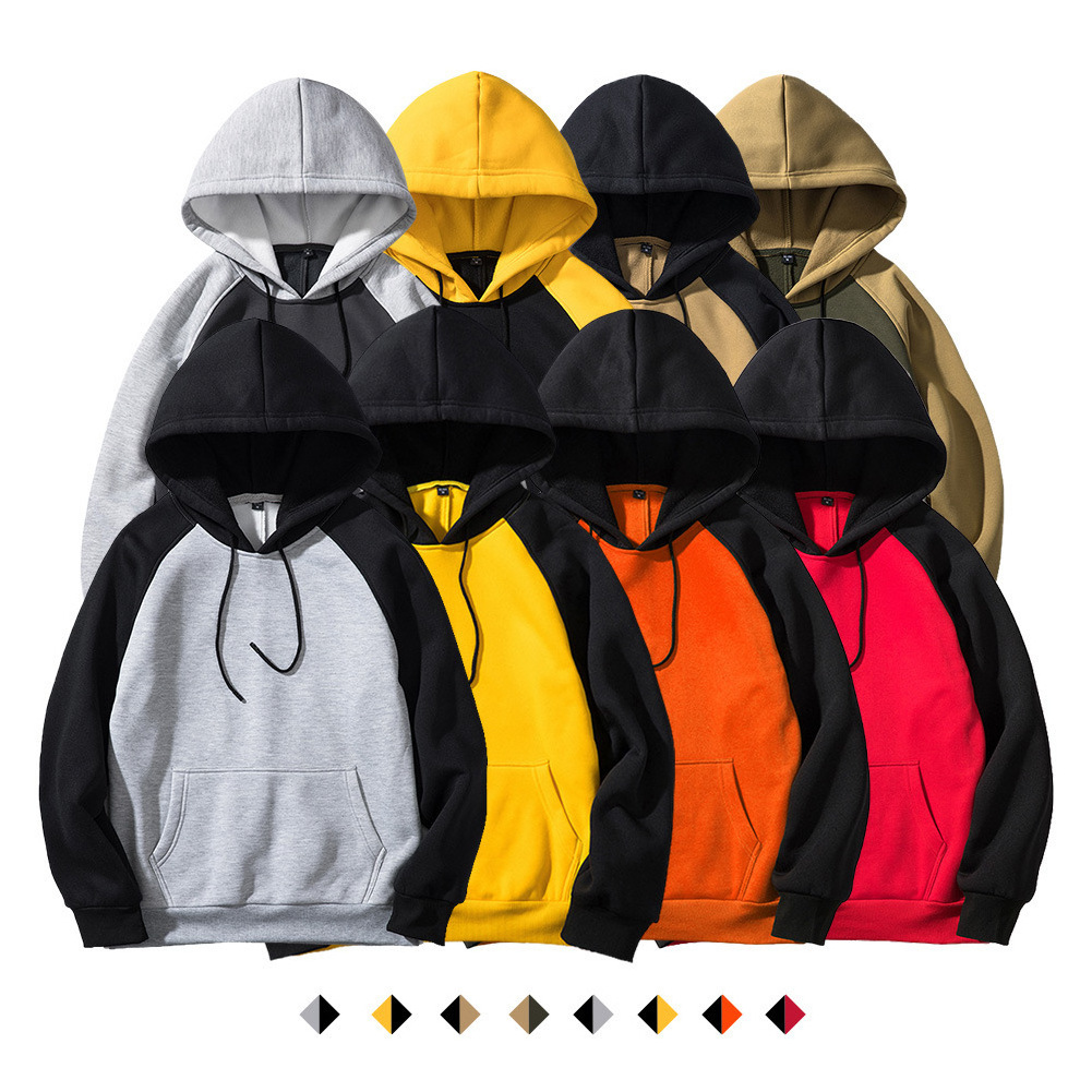 Wholesale Custom Logo Color Blocked Men Hoodies Printed Plain Two Color Combination Raglan Sleeve Fleece Hoodies in Bulk