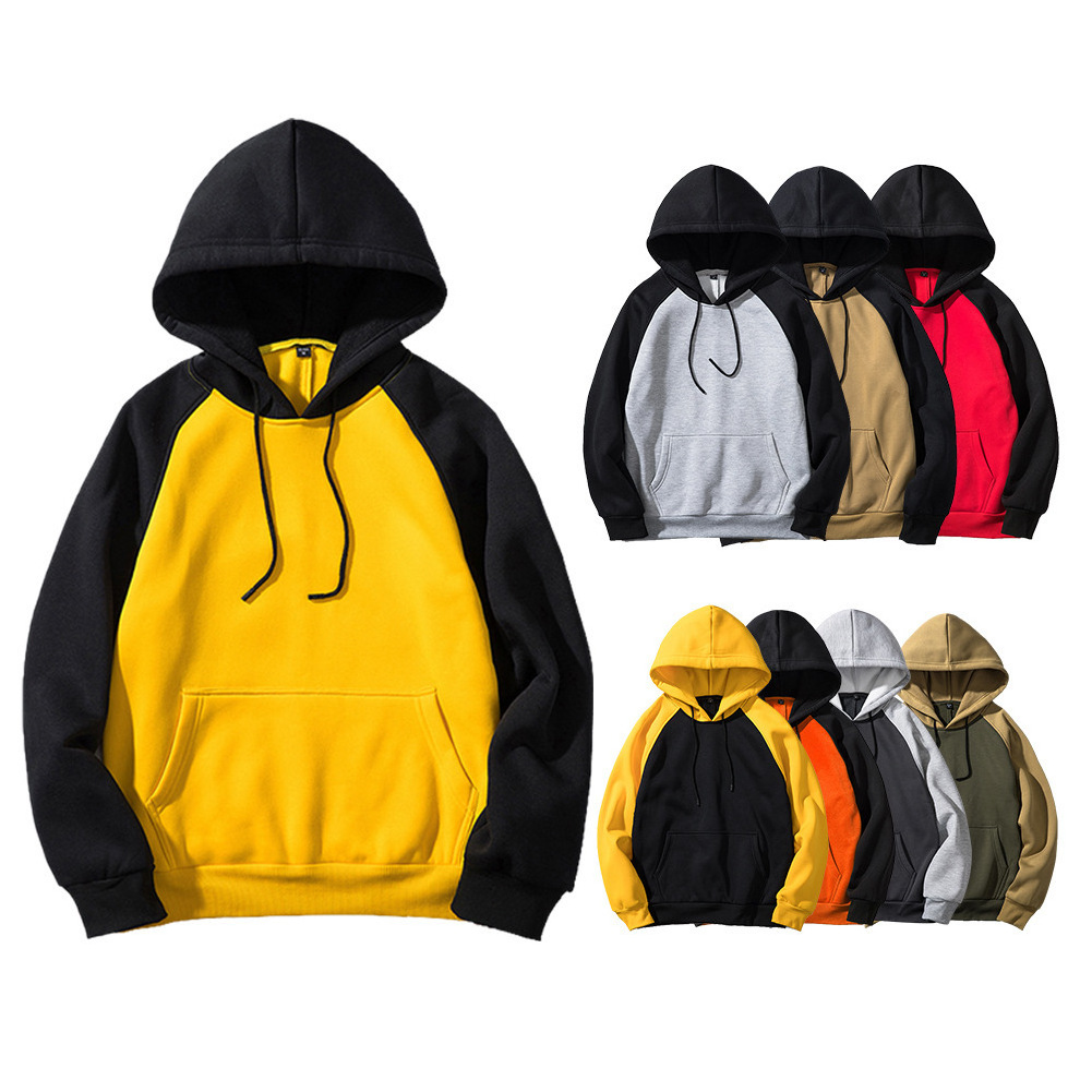 Wholesale Custom Logo Color Blocked Men Hoodies Printed Plain Two Color Combination Raglan Sleeve Fleece Hoodies in Bulk