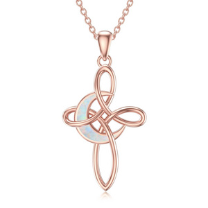 Wholesale Celtic Knot Cross Irish Pendant Rose Gold Opal Necklace Christian Catholic Jewelry