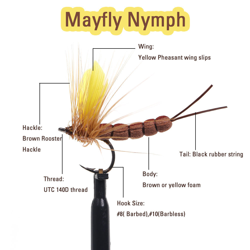 #8 #10 Yellow Drake Feather Wing Mayfly Barbed and Barbless Dry Fly Rocky River Bass Trout Fishing Flies Bait Lure