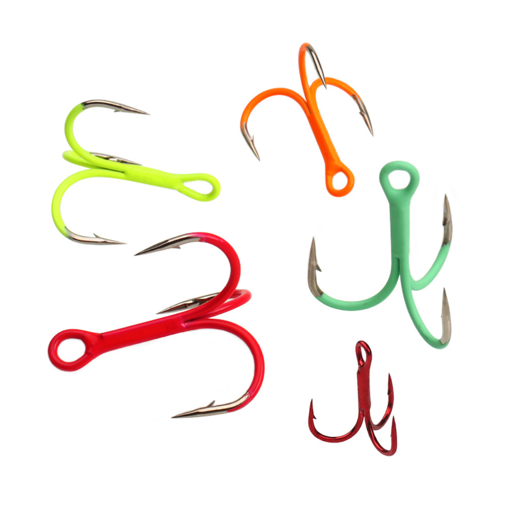 1X Strong 14# - 3/0 Round Bent Inline Treble Hooks Fluorescent/Luminous High Carbon Steel Fishing Lure Bait Triple Hook