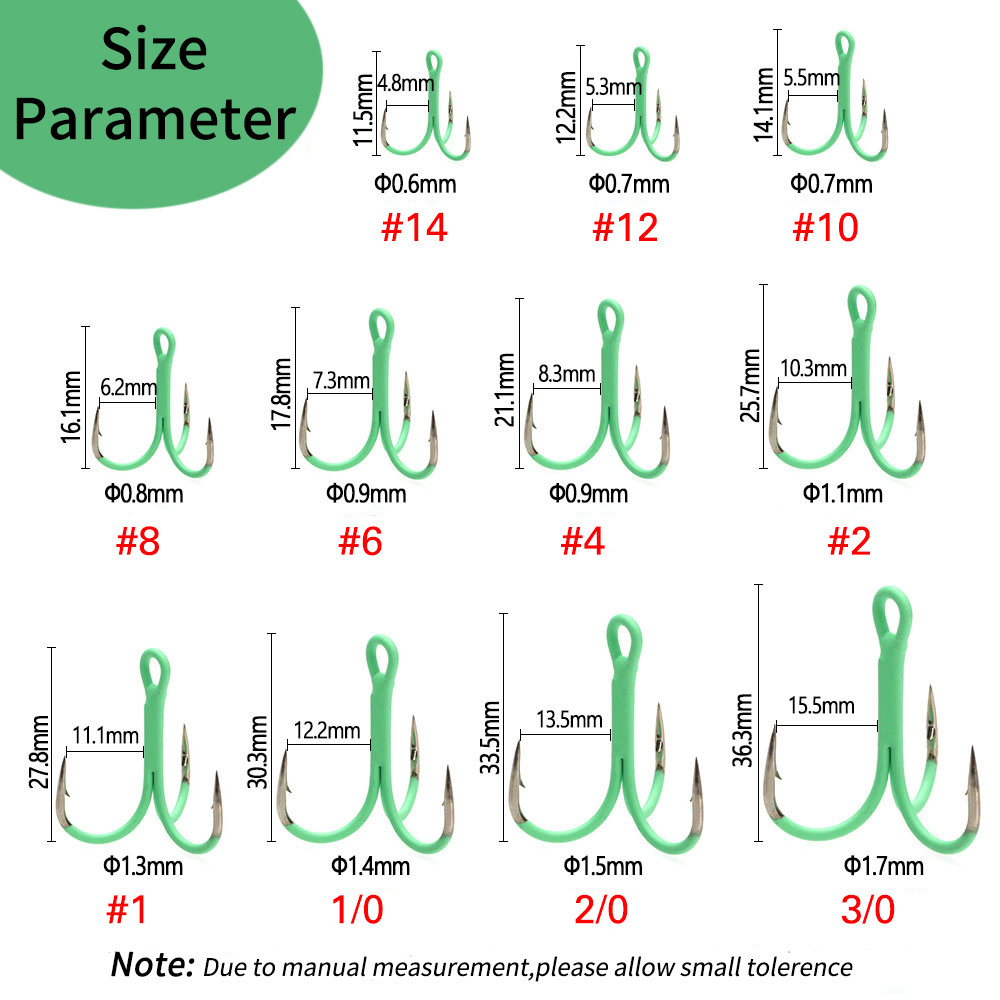 1X Strong 14# - 3/0 Round Bent Inline Treble Hooks Fluorescent/Luminous High Carbon Steel Fishing Lure Bait Triple Hook