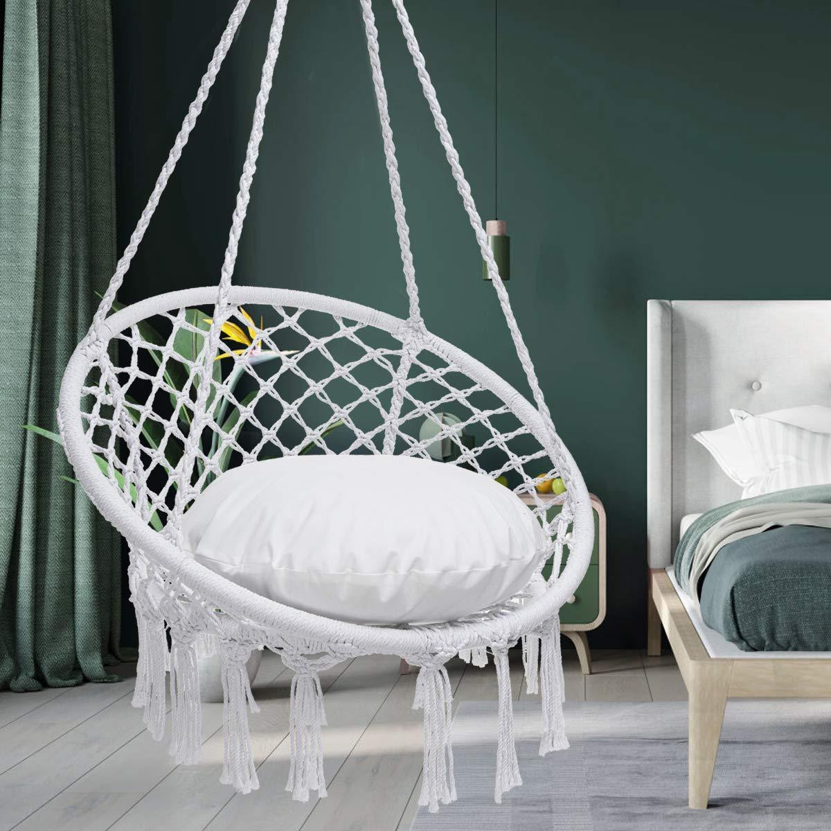 Hammock Chair Macrame Swing Chair, Max 330 Lbs,  Indoo0r and Outdoor Use Hanging Chair Cotton Rope Hammock Chair Swing