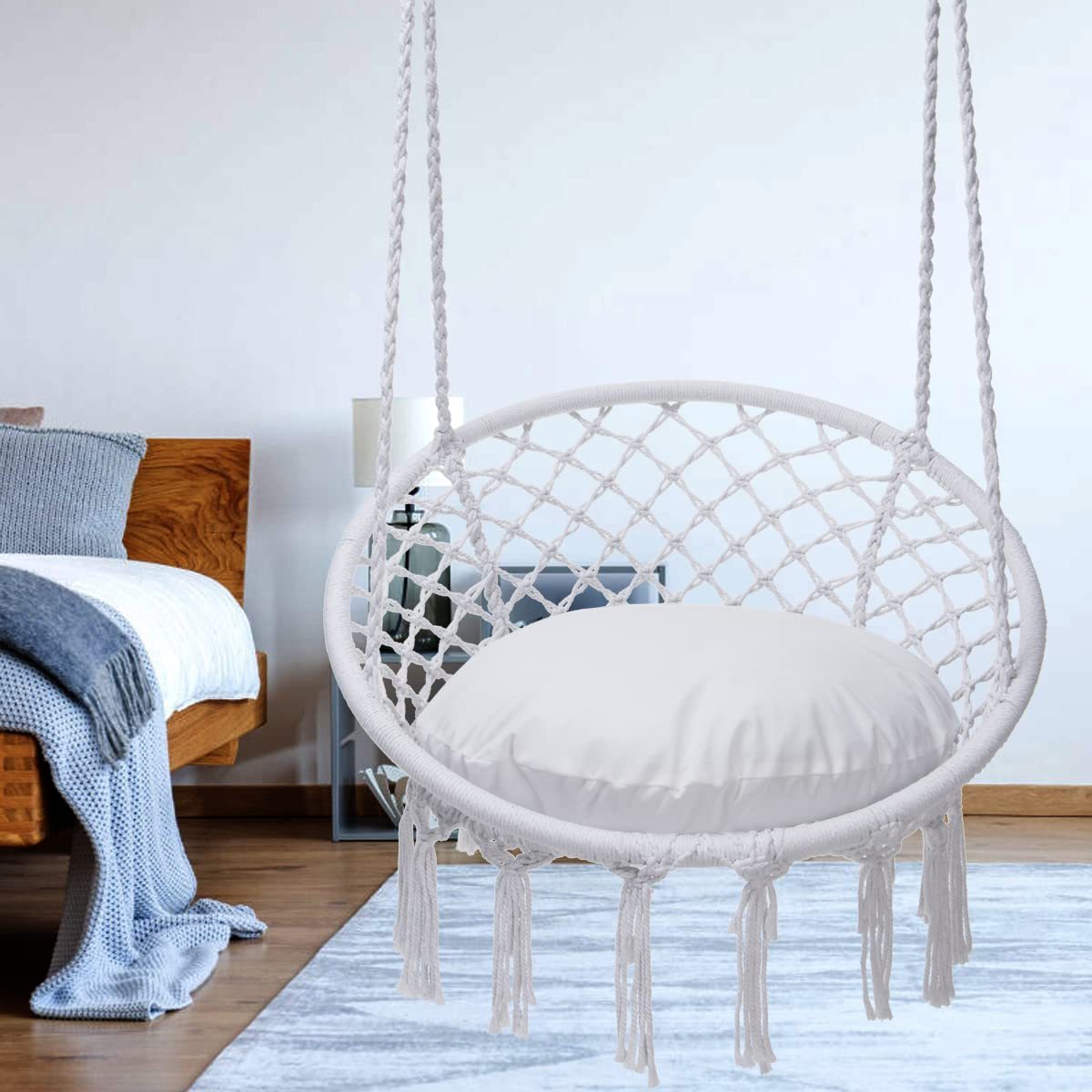 Hammock Chair Macrame Swing Chair, Max 330 Lbs,  Indoo0r and Outdoor Use Hanging Chair Cotton Rope Hammock Chair Swing