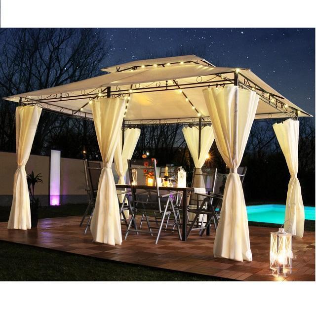 Pergola with Curtains, 2-Tier Steel Frame garden Patio Outdoor Gazebo