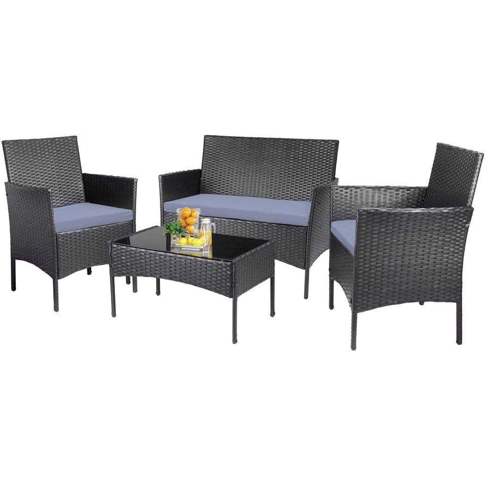 hot sale  Outdoor   Set with Gray Cushions 4-Piece PE Rattan Wicker Furniture set