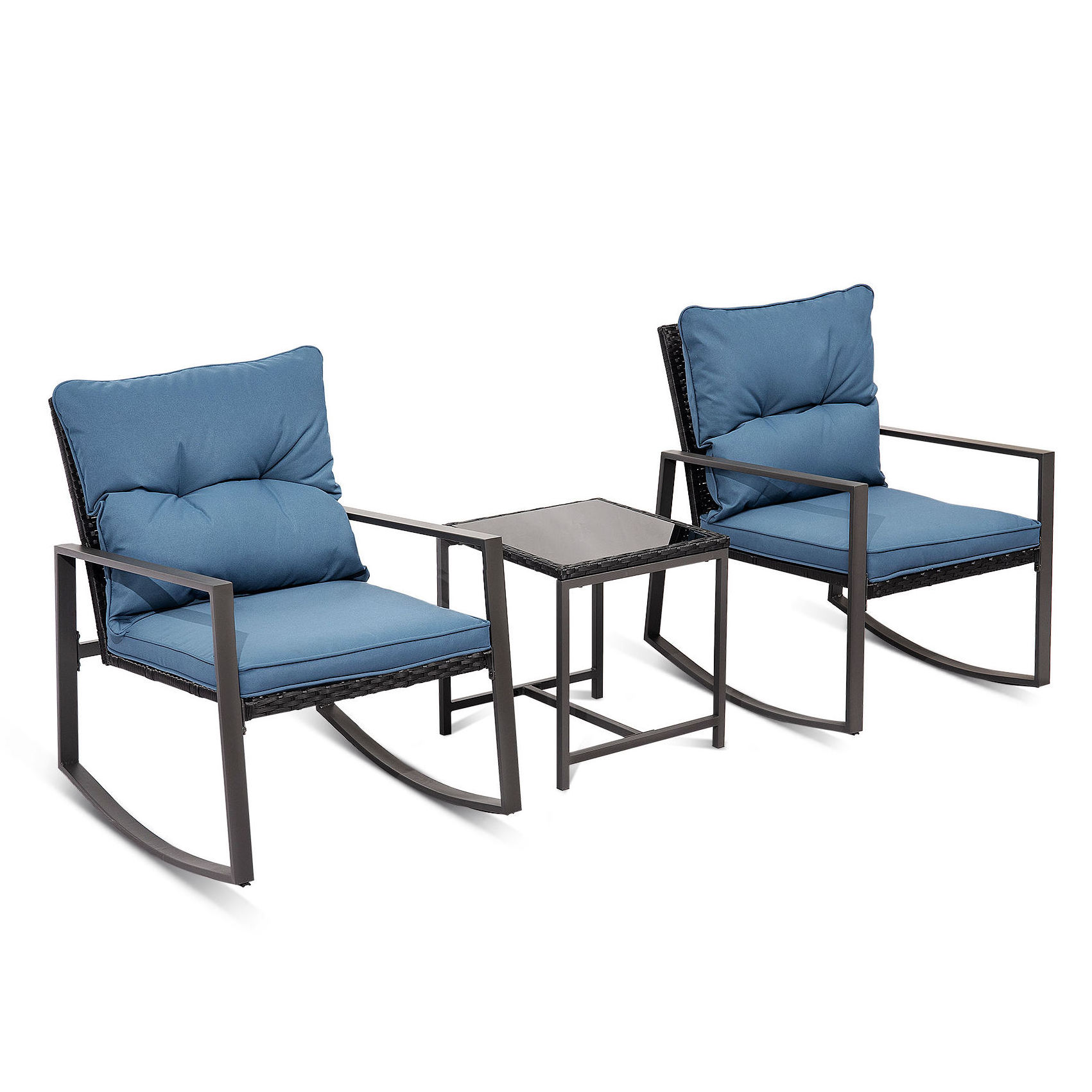 Outdoor 3 Piece Rocking Bistro Set, Wicker Patio Furniture Modern Rocking rattan  Porch Chairs Conversation Sets