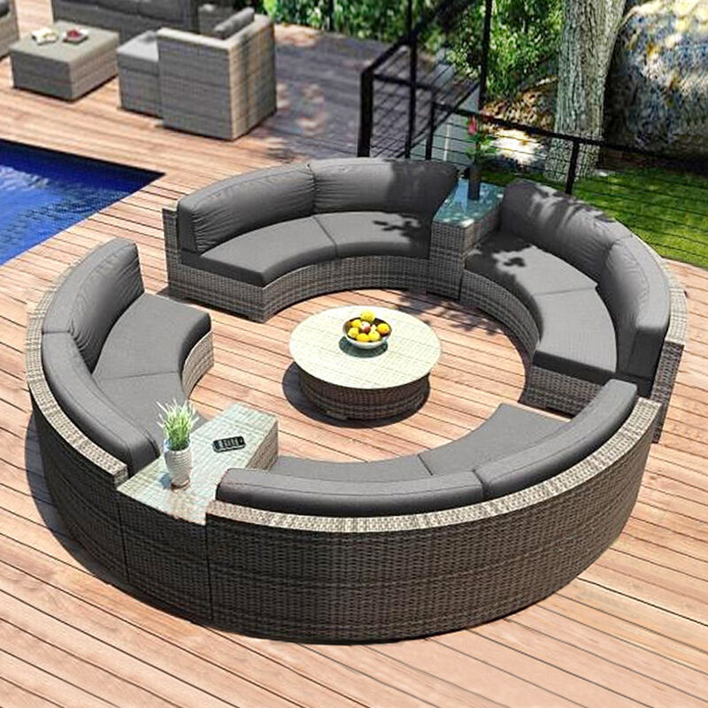 Hot sale Garden Set  Large conversation corner cushion wicker Couch Round Rattan Outdoor Sofa Furniture set