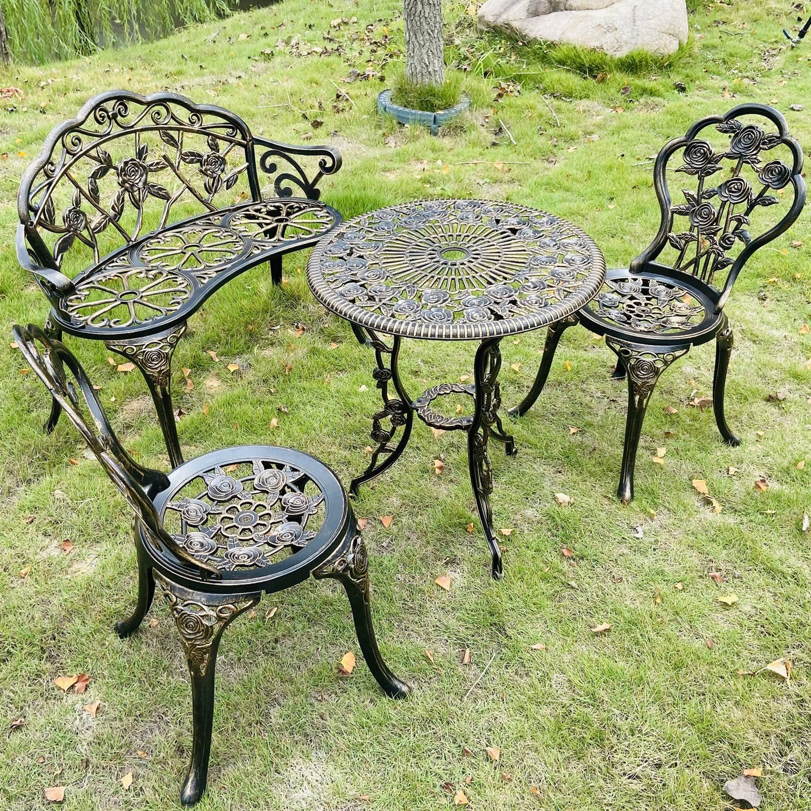 Cast Aluminum  Garden Bench set Balcony Tables and Chairs Table chairs and 1 Bench, Metal ,Bistro Suit