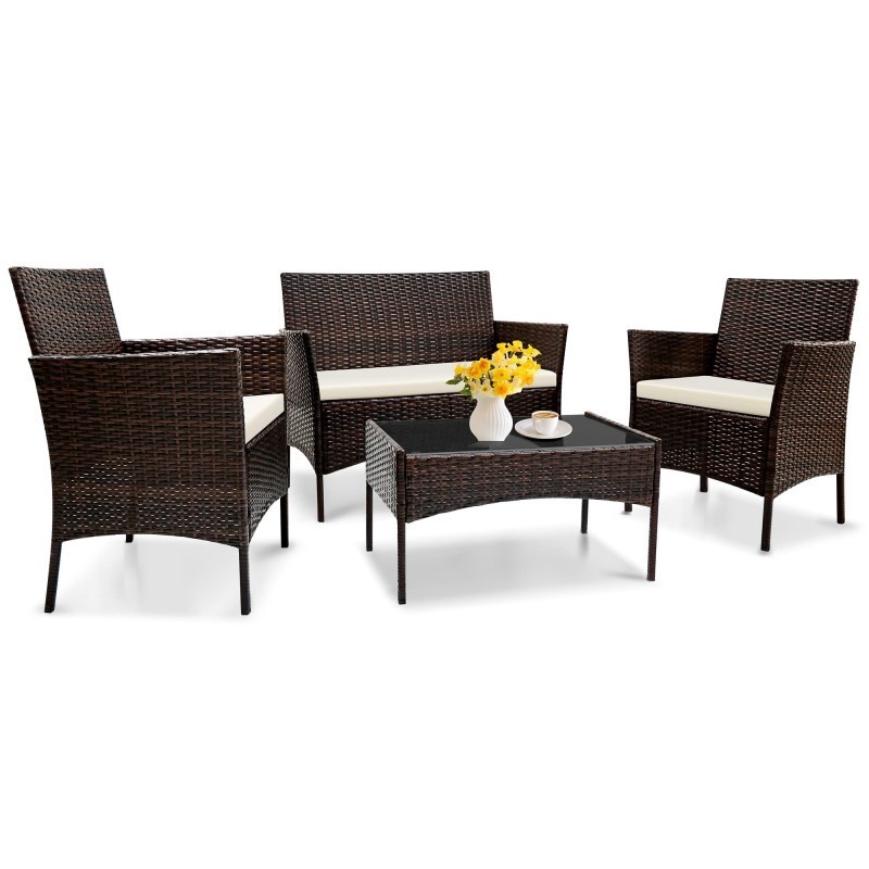 All-Weather Rattan Weaving Wicker Armchairs with Glass Coffee Table and Thick Cushions