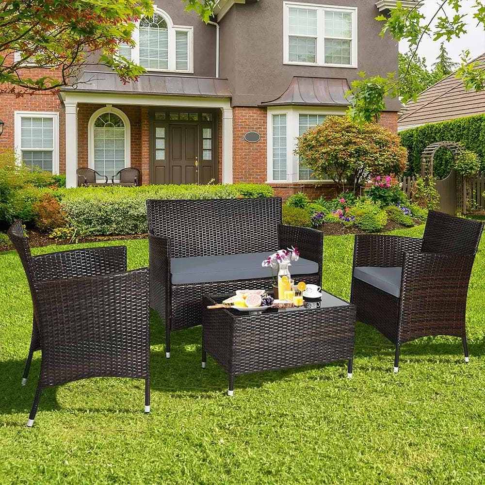 Outdoor PE Rattan Wicker Furniture  4-Piece Wicker Patio Conversation Set with Gray Cushions