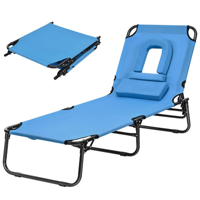 Patio Lounge Chair, Adjustable Folding Tanning Chair with Face Hole and Removable Pillow, Lightweight Portable