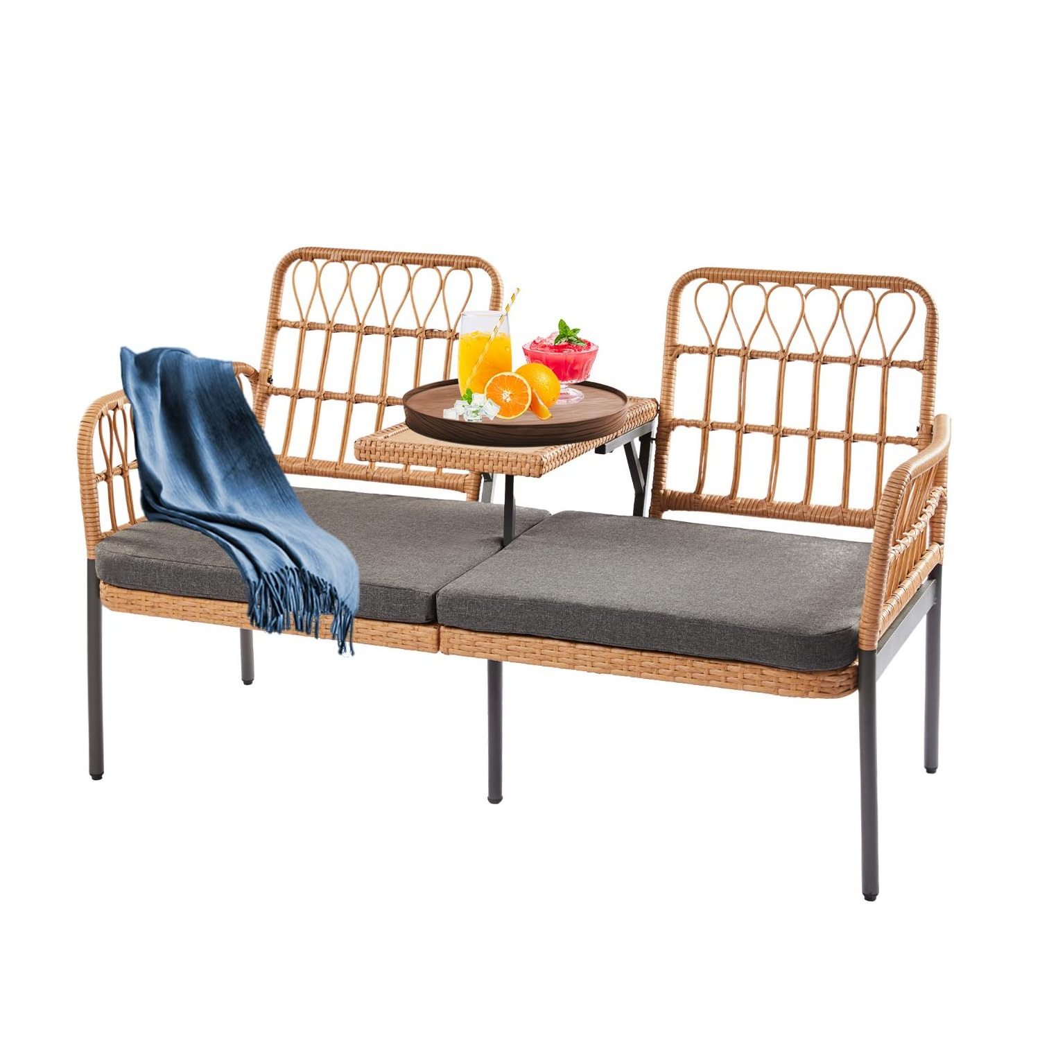 Wicker Conversation Furniture Set, Outdoor Loveseat Chair,Modern Rattan Bench with Removable Cushions&Plywood Table top