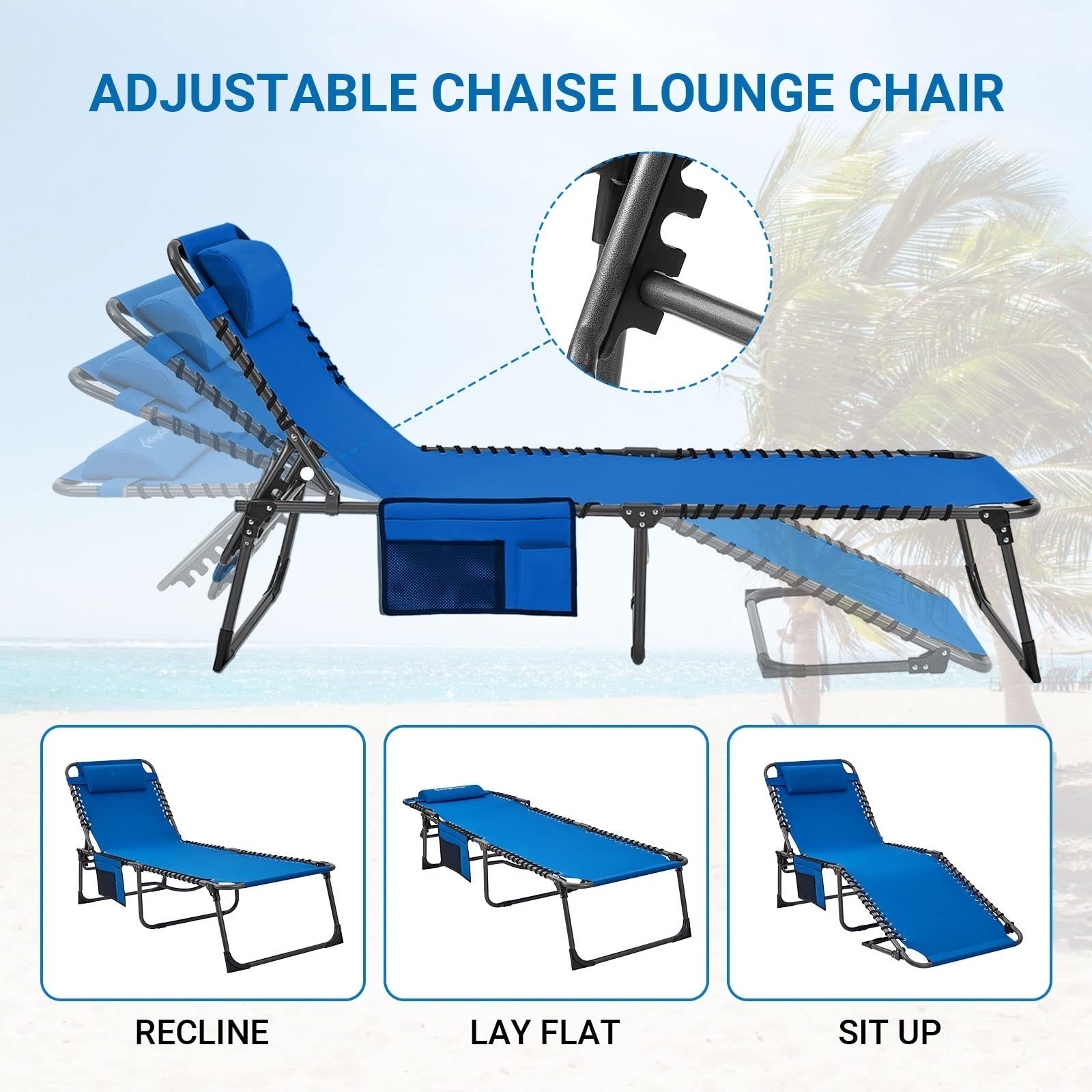 Outdoor Folding Chaise Lounge  for Beach  Patio Pool Lawn Deck Lay Flat Portable Lightweight Chair