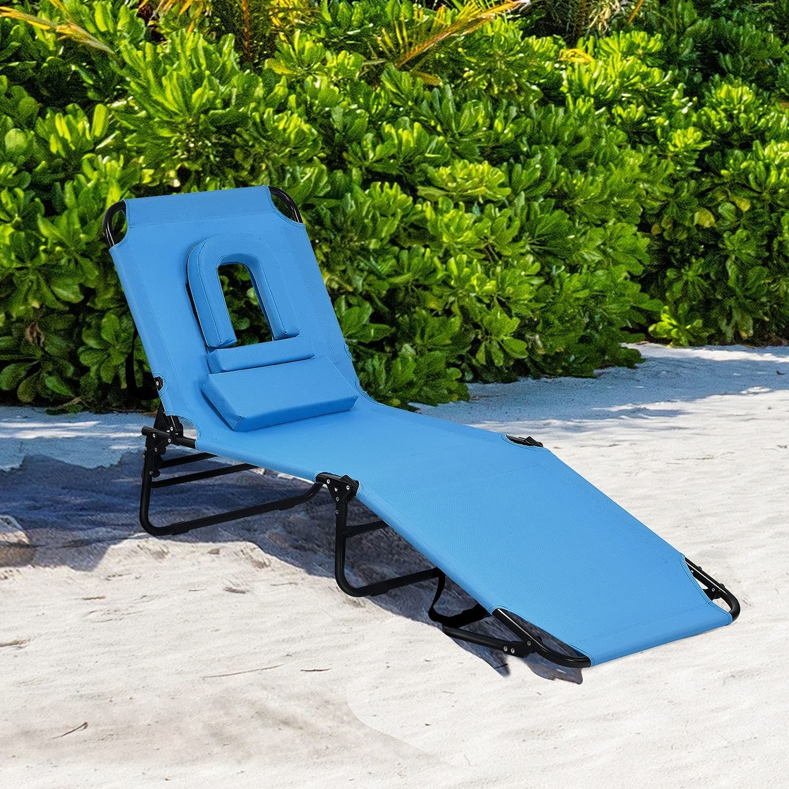 Patio Lounge Chair, Adjustable Folding Tanning Chair with Face Hole and Removable Pillow, Lightweight Portable