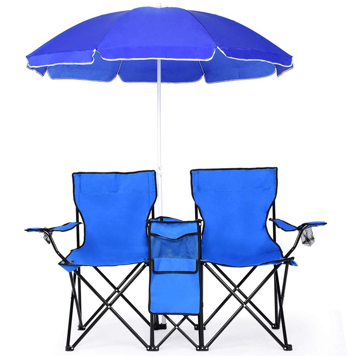 Double Folding Picnic with Umbrella Beach Patio Park Outdoor Portable Camping canopy roof shade chair