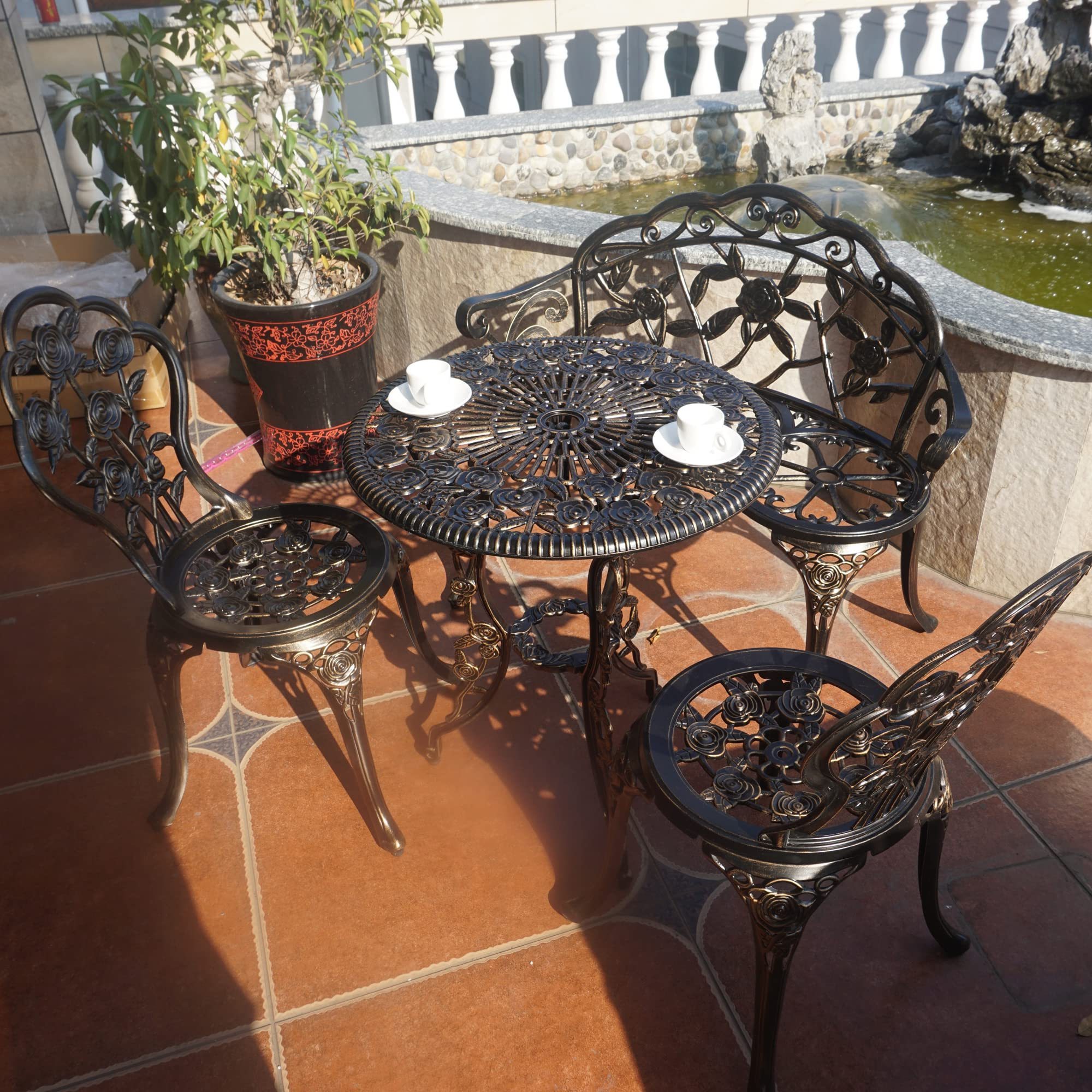 Cast Aluminum  Garden Bench set Balcony Tables and Chairs Table chairs and 1 Bench, Metal ,Bistro Suit