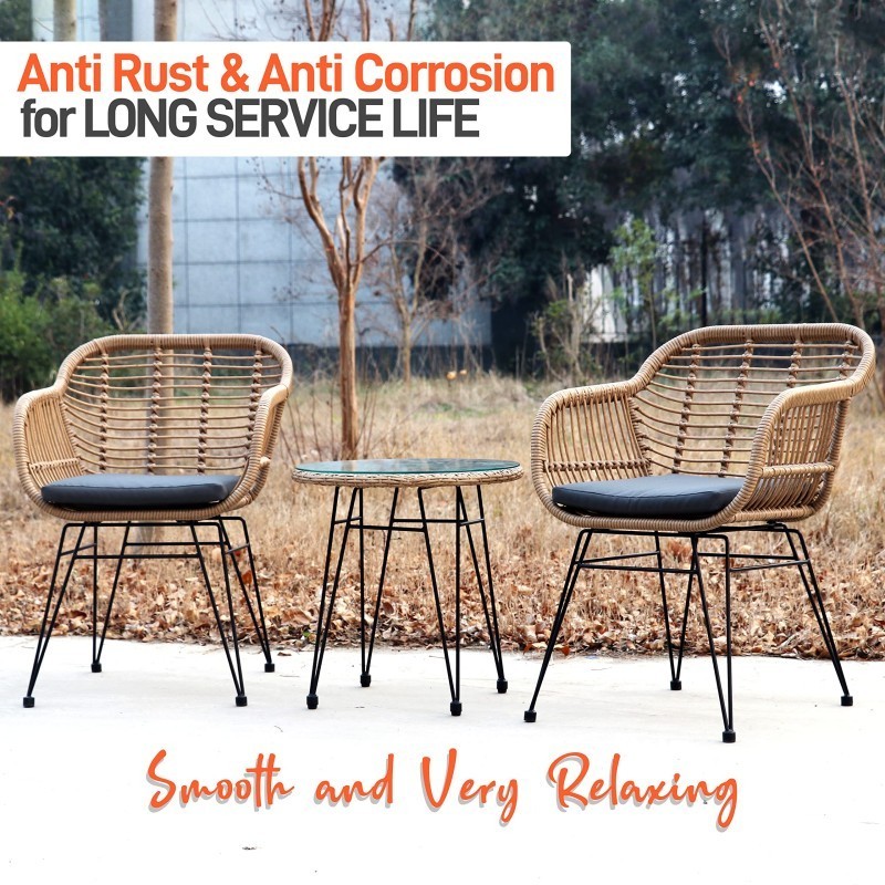 Outdoor Living Rattan Furniture Set Includes 2 Single Chairs w/Cushions and 1 Glass-top Coffee Table