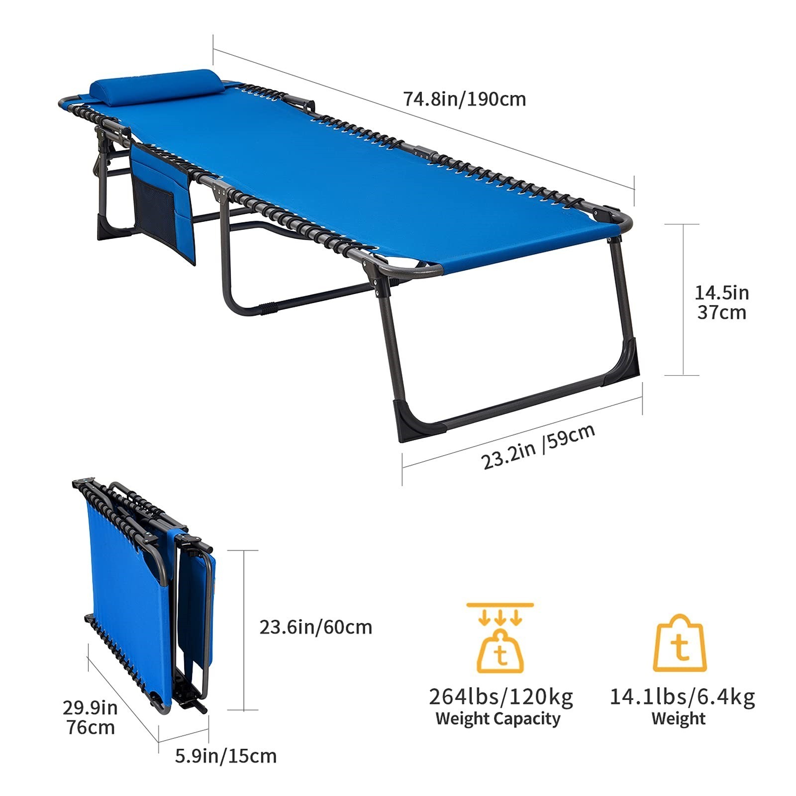 Outdoor Folding Chaise Lounge  for Beach  Patio Pool Lawn Deck Lay Flat Portable Lightweight Chair