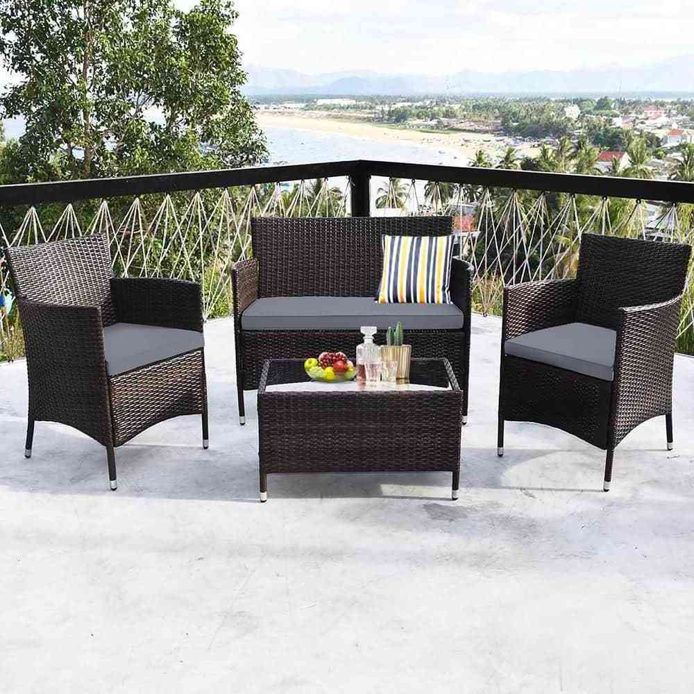 Outdoor PE Rattan Wicker Furniture  4-Piece Wicker Patio Conversation Set with Gray Cushions