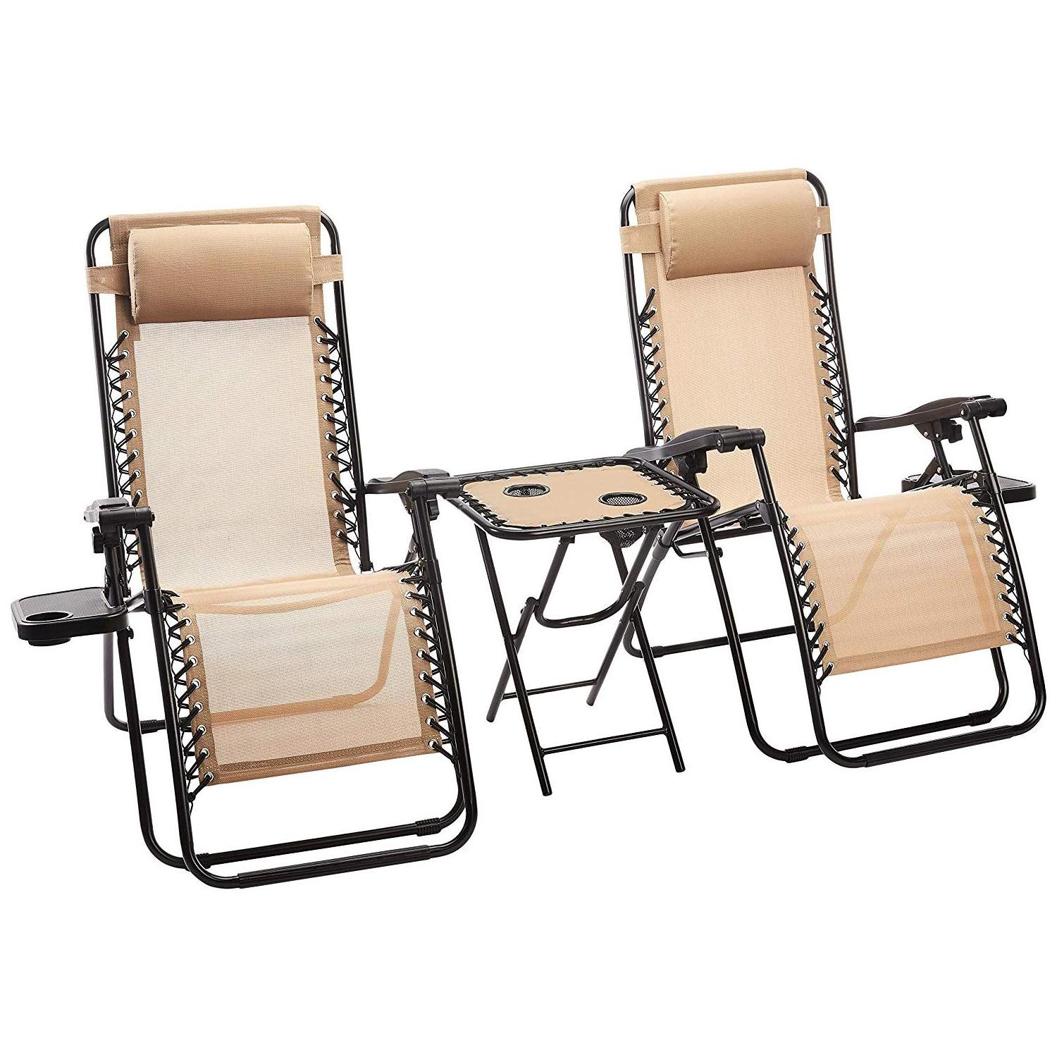 outdoor garden patio Zero Gravity Reclining beach Lounge Chairs Set of 2 with Pillows  Matching Table