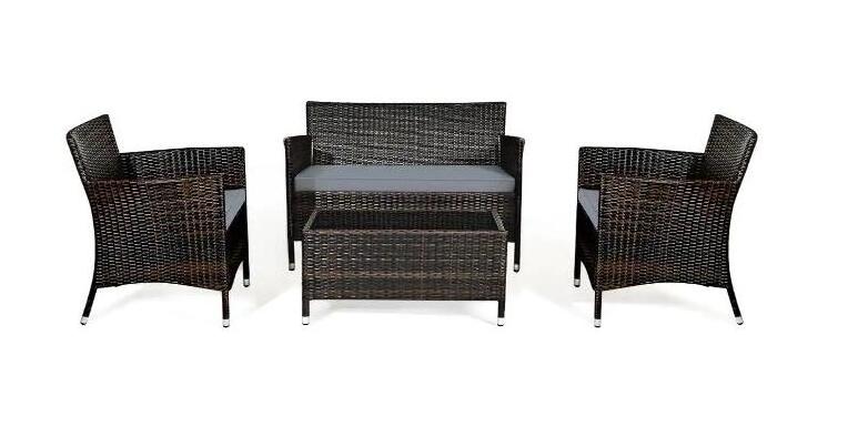 Outdoor PE Rattan Wicker Furniture  4-Piece Wicker Patio Conversation Set with Gray Cushions