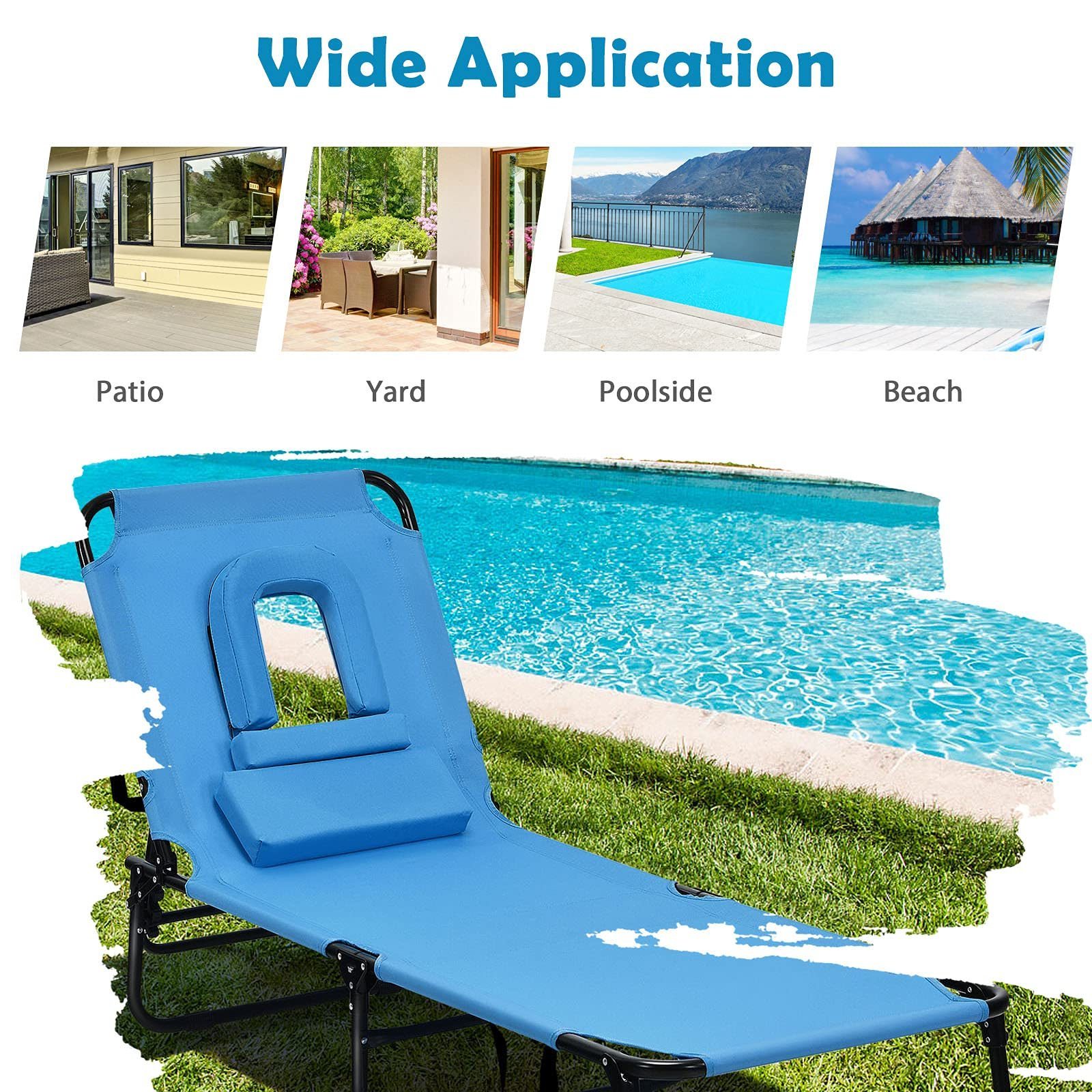 Patio Lounge Chair, Adjustable Folding Tanning Chair with Face Hole and Removable Pillow, Lightweight Portable